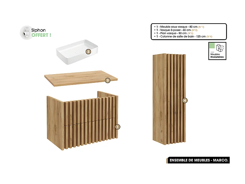 Ensemble complet de salle de bain - Meuble - Colonne - Vasque à poser avec Siphon OFFERT | MARCO | Oak | 80 x 56 x 45 cm