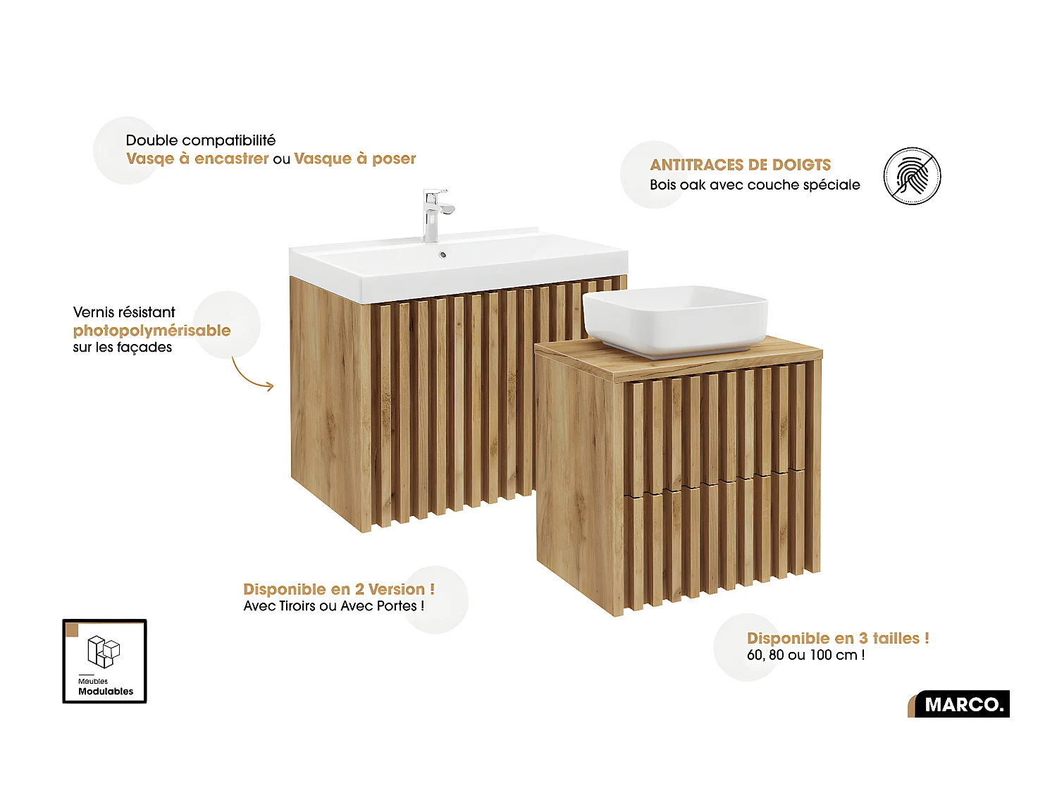 Ensemble complet de salle de bain - Meuble - Colonne - Vasque à poser avec Siphon OFFERT | MARCO | Oak | 80 x 56 x 45 cm
