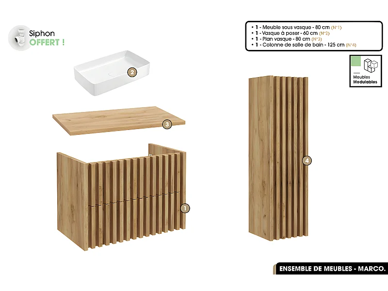 Ensemble complet de salle de bain - Meuble - Colonne - Vasque à poser avec Siphon OFFERT | MARCO | Oak | 80 x 56 x 45 cm