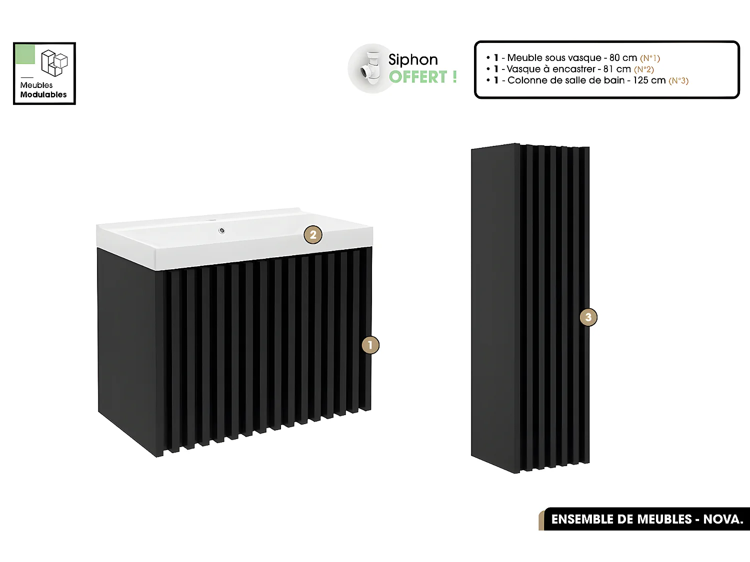 Ensemble complet de salle de bain - Meuble - Colonne - Vasque à encastrer avec Siphon OFFERT | NOVA | Noir | 80 x 56 x 45 cm