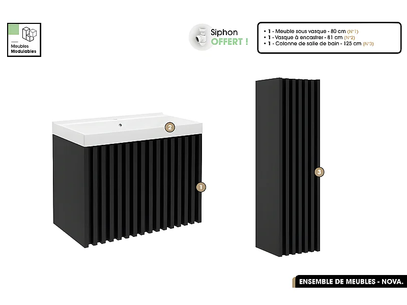 Ensemble complet de salle de bain - Meuble - Colonne - Vasque à encastrer avec Siphon OFFERT | NOVA | Noir | 80 x 56 x 45 cm