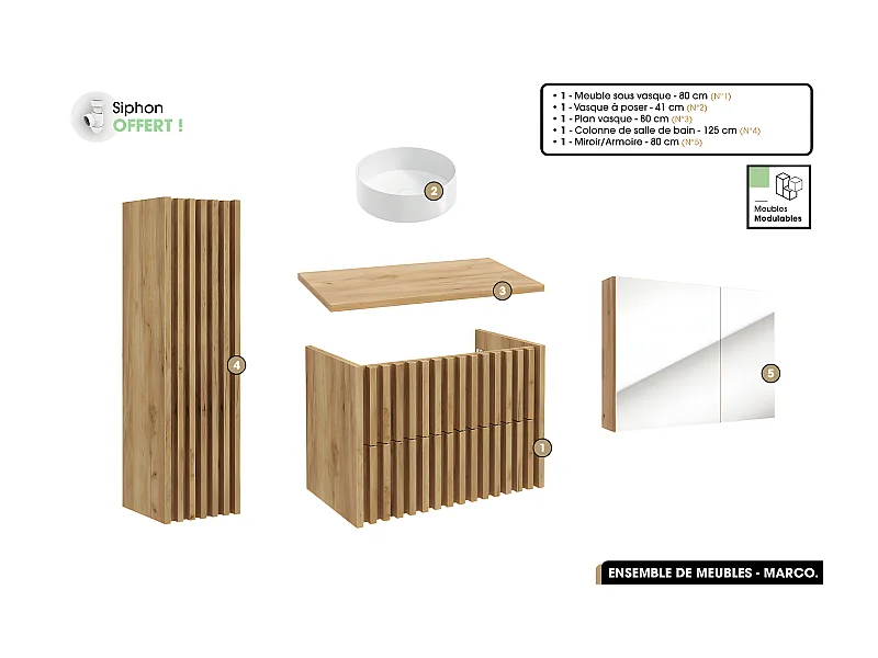 Ensemble complet de salle de bain - Meuble - Colonne - Miroir - Vasque à poser avec Siphon OFFERT | MARCO | Oak | 80 x 56 x 45 cm