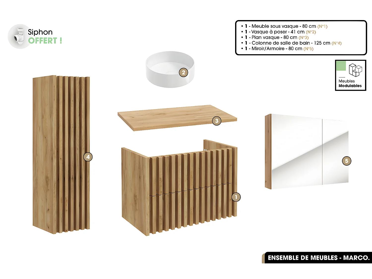 Ensemble complet de salle de bain - Meuble - Colonne - Miroir - Vasque à poser avec Siphon OFFERT | MARCO | Oak | 80 x 56 x 45 cm