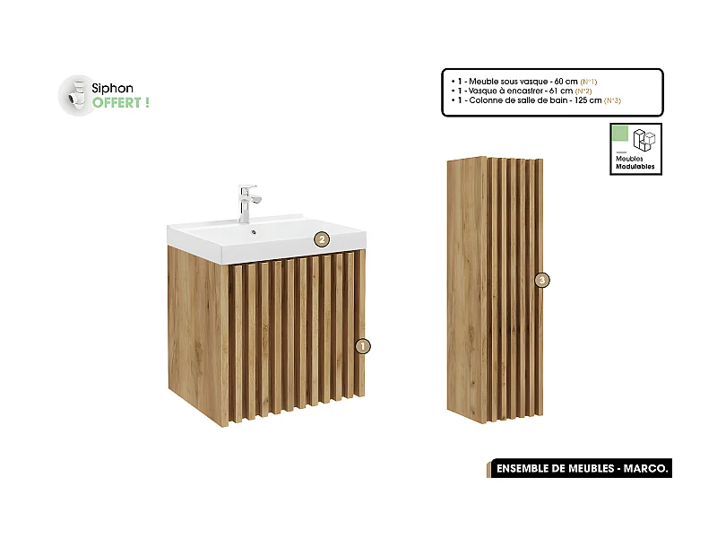 Ensemble complet de salle de bain - Meuble - Colonne - Vasque à encastrer avec Siphon OFFERT | MARCO | Oak | 60 x 56 x 45 cm