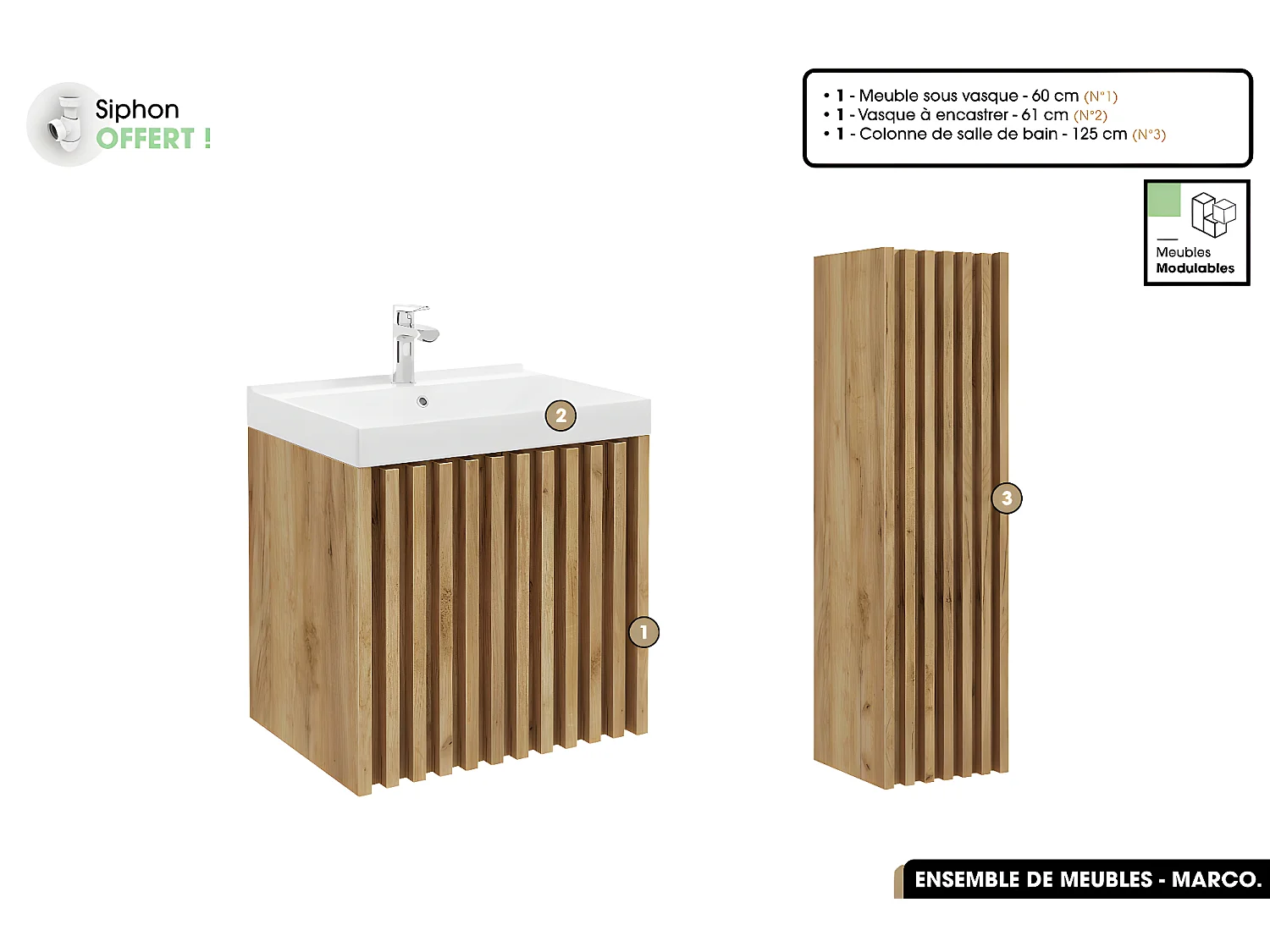 Ensemble complet de salle de bain - Meuble - Colonne - Vasque à encastrer avec Siphon OFFERT | MARCO | Oak | 60 x 56 x 45 cm