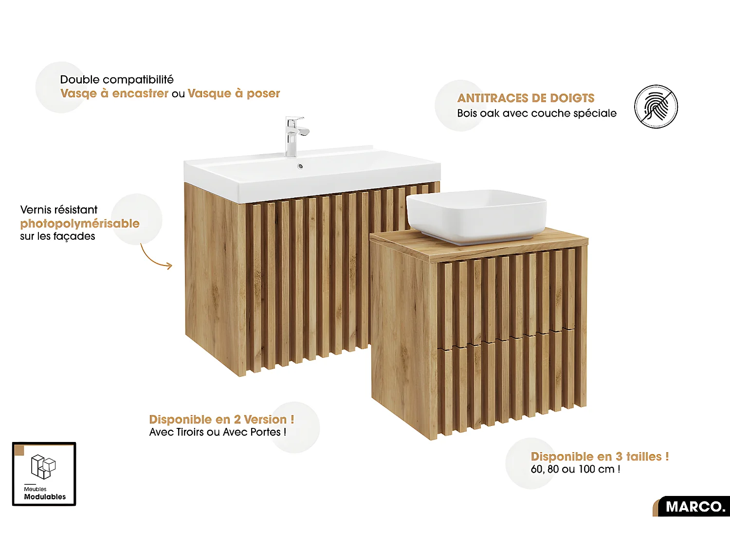 Ensemble complet de salle de bain - Meuble - Colonne - Vasque à encastrer avec Siphon OFFERT | MARCO | Oak | 60 x 56 x 45 cm