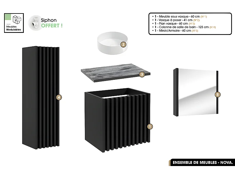 Ensemble complet de salle de bain - Meuble - Colonne - Miroir - Vasque à poser avec Siphon OFFERT | NOVA | Noir | 60 x 56 x 45 cm