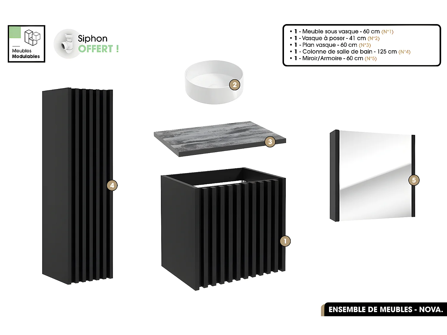 Ensemble complet de salle de bain - Meuble - Colonne - Miroir - Vasque à poser avec Siphon OFFERT | NOVA | Noir | 60 x 56 x 45 cm