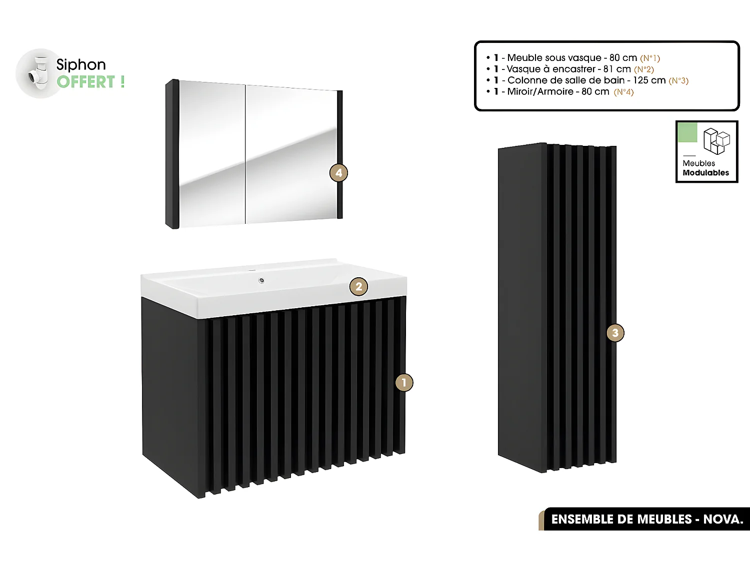 Ensemble complet de salle de bain - Meuble - Colonne - Miroir - Vasque à encastrer avec Siphon OFFERT | NOVA | Noir | 80 x 56 x 45 cm