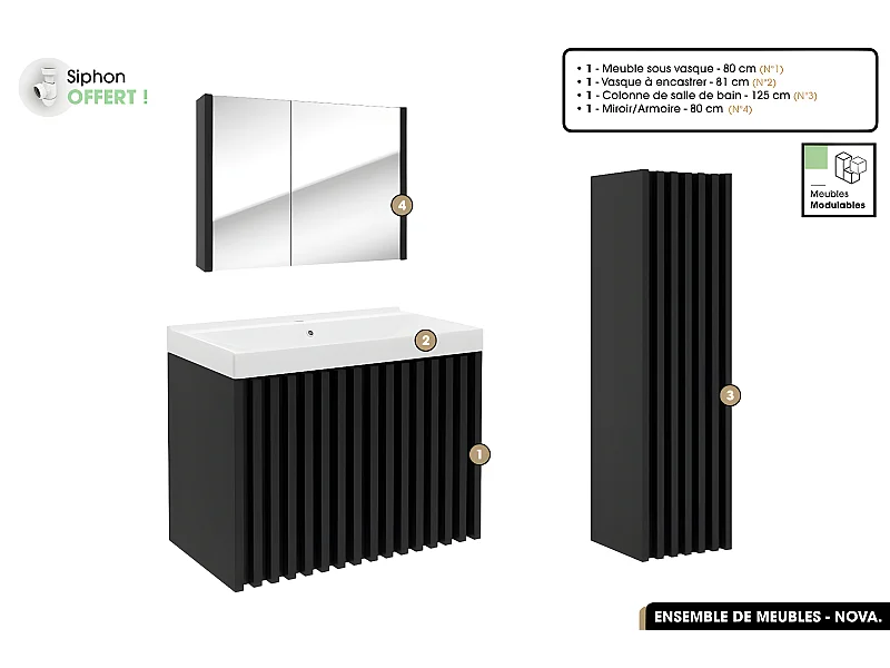 Ensemble complet de salle de bain - Meuble - Colonne - Miroir - Vasque à encastrer avec Siphon OFFERT | NOVA | Noir | 80 x 56 x 45 cm