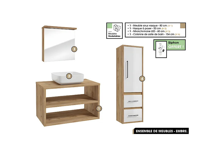 Ensemble complet - de salle de bain - Meuble - Miroir/Armoire - Colonne - Vasque avec Siphon OFFERT | EMBRE | OAK | 80 x 50 x 45 cm