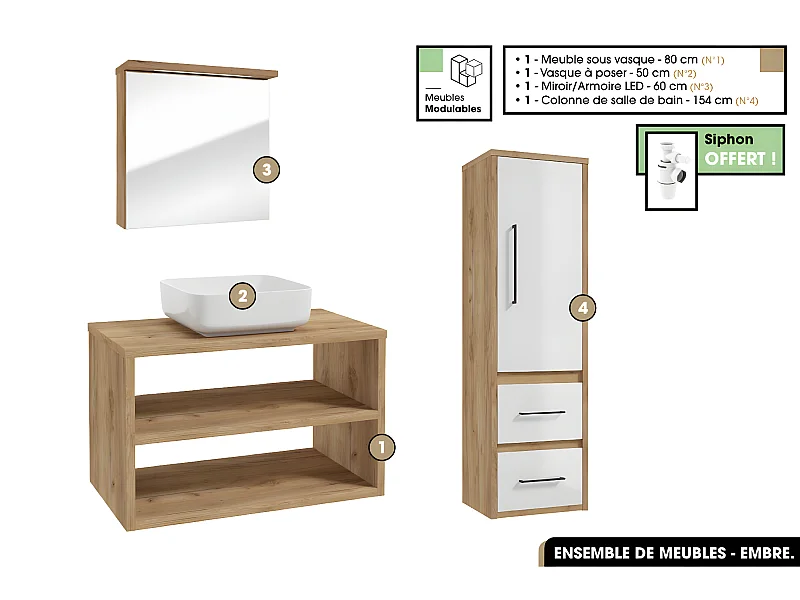 Ensemble complet - de salle de bain - Meuble - Miroir/Armoire - Colonne - Vasque avec Siphon OFFERT | EMBRE | OAK | 80 x 50 x 45 cm