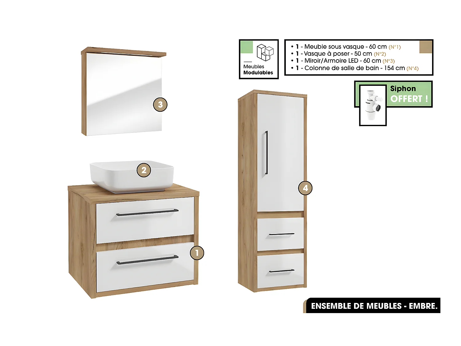 Ensemble complet - de salle de bain - Meuble - Miroir/Armoire - Colonne - Vasque avec Siphon OFFERT | EMBRE | Blanc | 60 x 50 x 45 cm