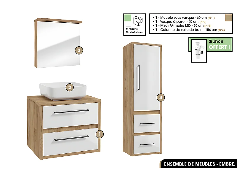Ensemble complet - de salle de bain - Meuble - Miroir/Armoire - Colonne - Vasque avec Siphon OFFERT | EMBRE | Blanc | 60 x 50 x 45 cm
