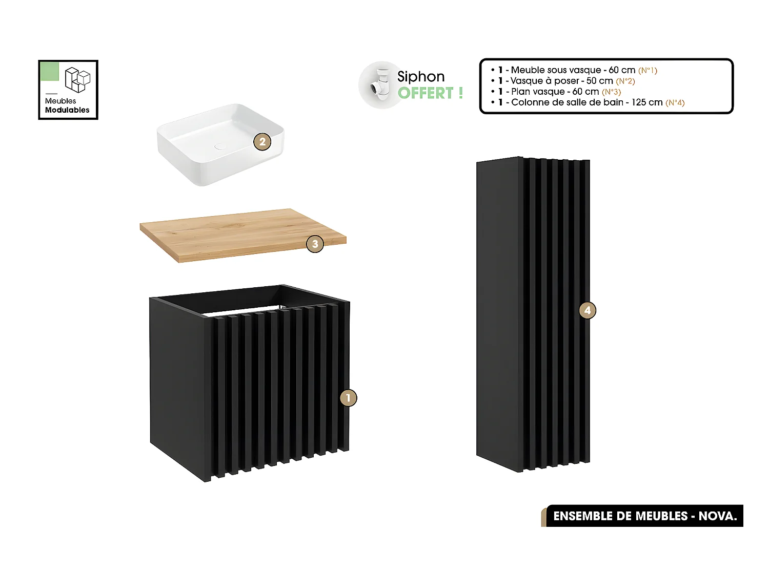 Ensemble complet de salle de bain - Meuble - Colonne - Vasque à poser avec Siphon OFFERT | NOVA | Oak | 60 x 56 x 45 cm