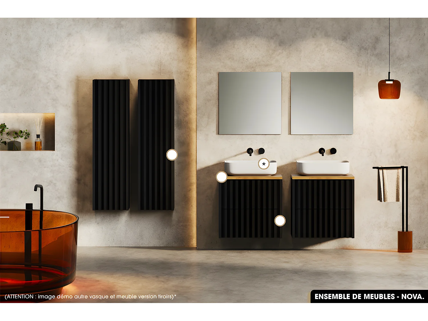 Ensemble complet de salle de bain - Meuble - Colonne - Vasque à poser avec Siphon OFFERT | NOVA | Oak | 60 x 56 x 45 cm