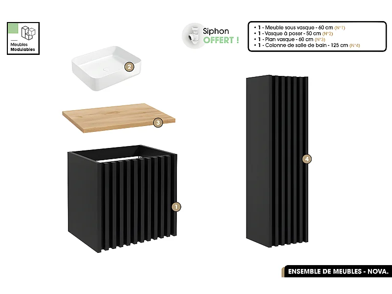 Ensemble complet de salle de bain - Meuble - Colonne - Vasque à poser avec Siphon OFFERT | NOVA | Oak | 60 x 56 x 45 cm