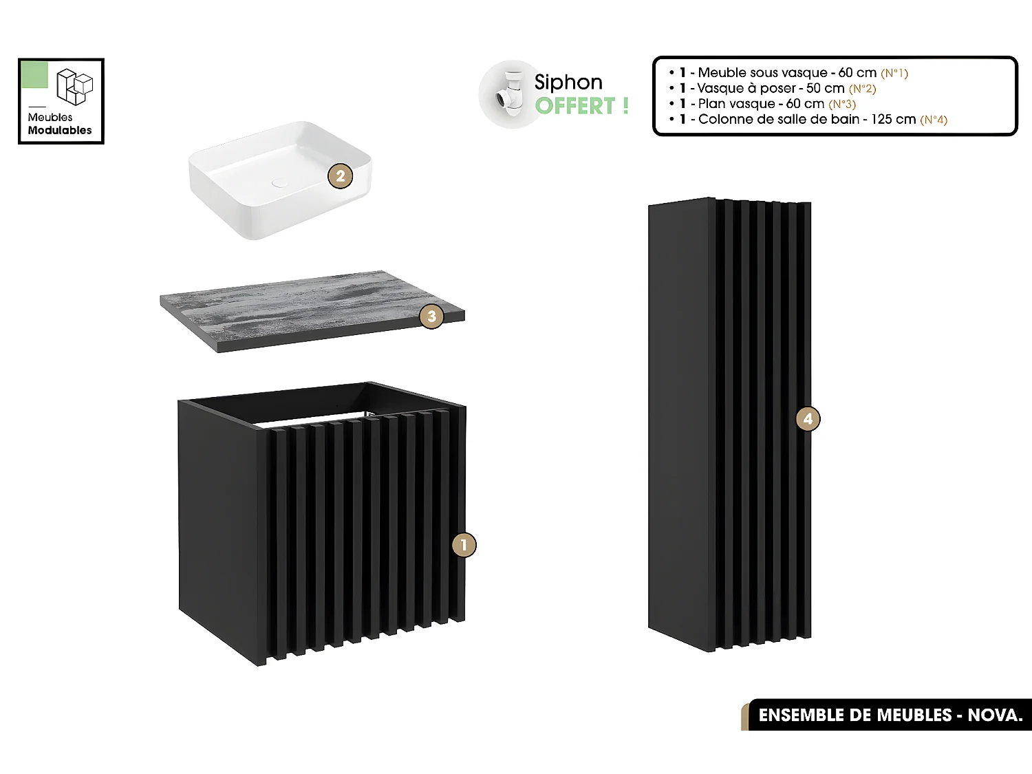 Ensemble complet de salle de bain - Meuble - Colonne - Vasque à poser avec Siphon OFFERT | NOVA | Noir | 60 x 56 x 45 cm