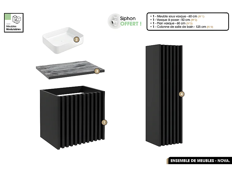 Ensemble complet de salle de bain - Meuble - Colonne - Vasque à poser avec Siphon OFFERT | NOVA | Noir | 60 x 56 x 45 cm