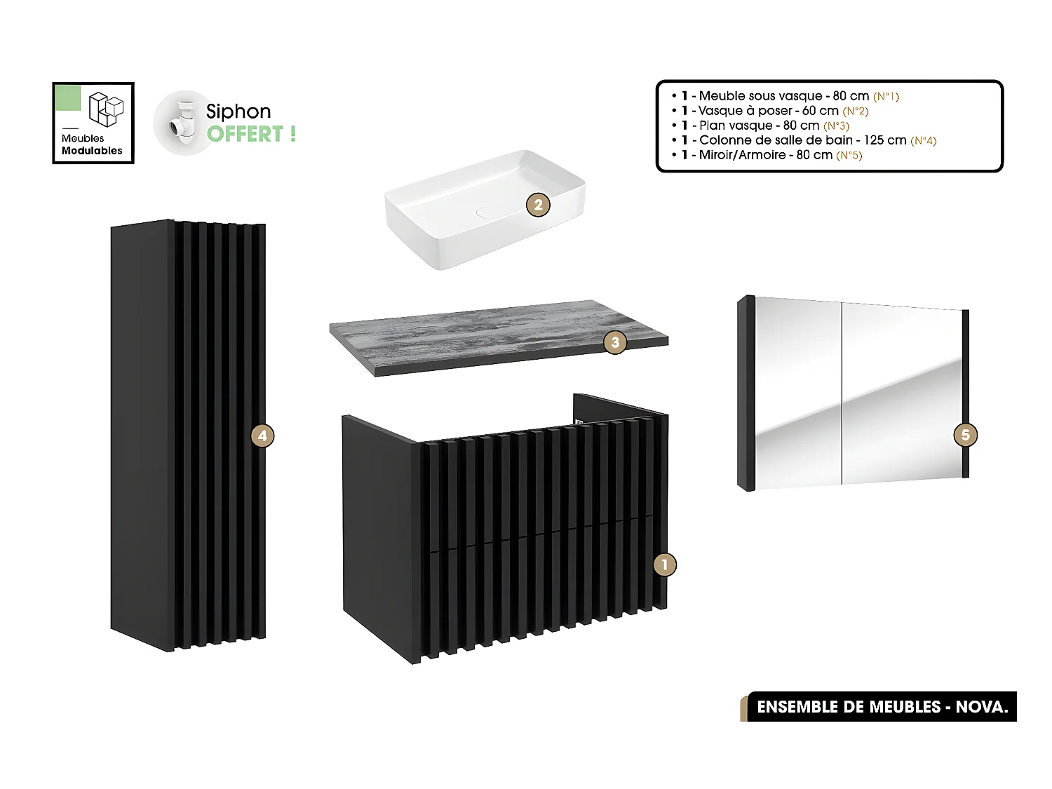 Ensemble complet de salle de bain - Meuble - Colonne - Miroir - Vasque à poser avec Siphon OFFERT | NOVA | Noir | 80 x 56 x 45 cm