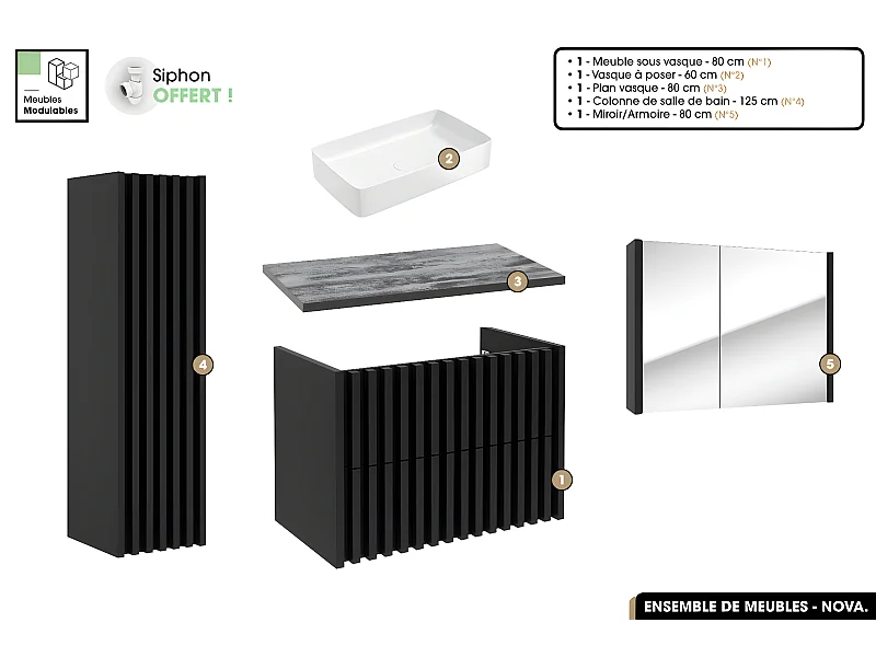 Ensemble complet de salle de bain - Meuble - Colonne - Miroir - Vasque à poser avec Siphon OFFERT | NOVA | Noir | 80 x 56 x 45 cm
