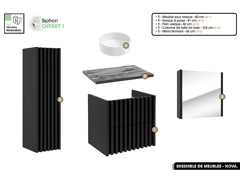 Ensemble complet de salle de bain - Meuble - Colonne - Miroir - Vasque à poser avec Siphon OFFERT | NOVA | Noir | 60 x 56 x 45 cm