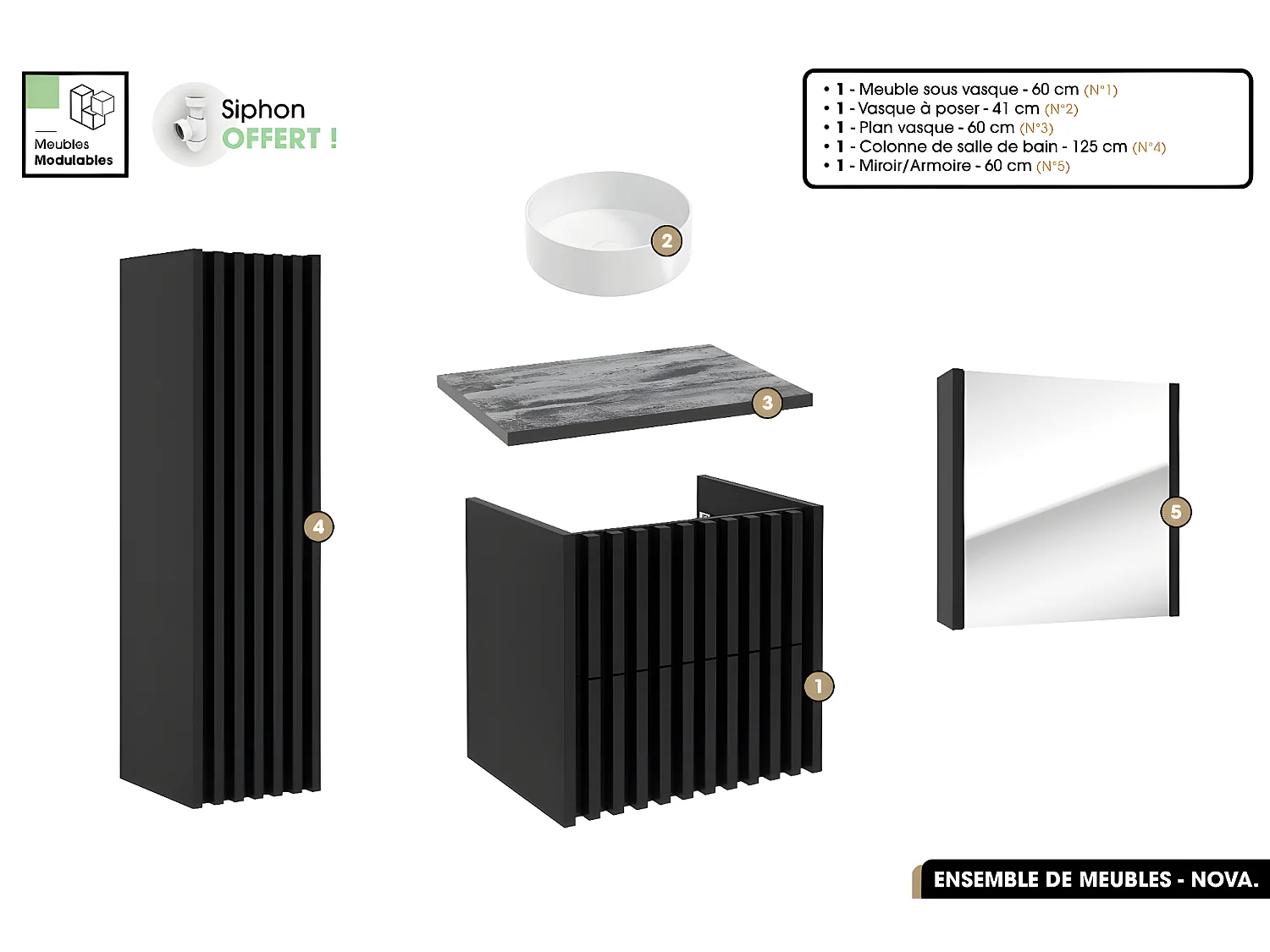 Ensemble complet de salle de bain - Meuble - Colonne - Miroir - Vasque à poser avec Siphon OFFERT | NOVA | Noir | 60 x 56 x 45 cm