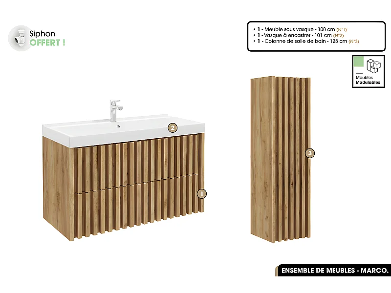 Ensemble complet de salle de bain - Meuble - Colonne - Vasque à encastrer avec Siphon OFFERT | MARCO | Oak | 100 x 56 x 45 cm