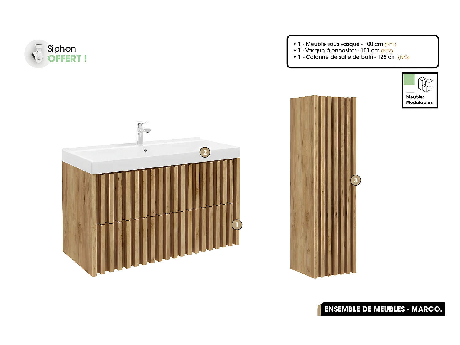 Ensemble complet de salle de bain - Meuble - Colonne - Vasque à encastrer avec Siphon OFFERT | MARCO | Oak | 100 x 56 x 45 cm