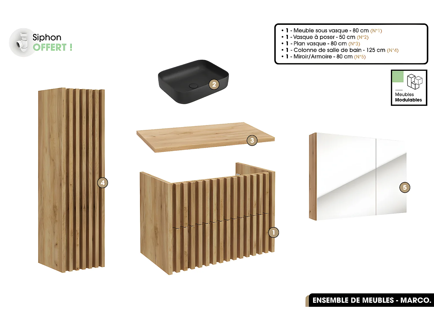 Ensemble complet de salle de bain - Meuble - Colonne - Miroir - Vasque à poser avec Siphon OFFERT | MARCO | Oak | 80 x 56 x 45 cm