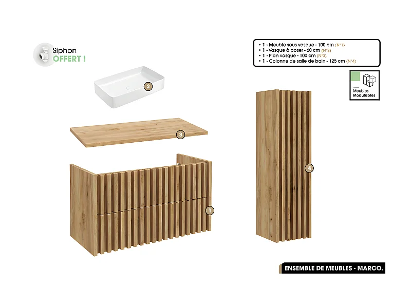 Ensemble complet de salle de bain - Meuble - Colonne - Vasque à poser avec Siphon OFFERT | MARCO | Oak | 100 x 56 x 45 cm