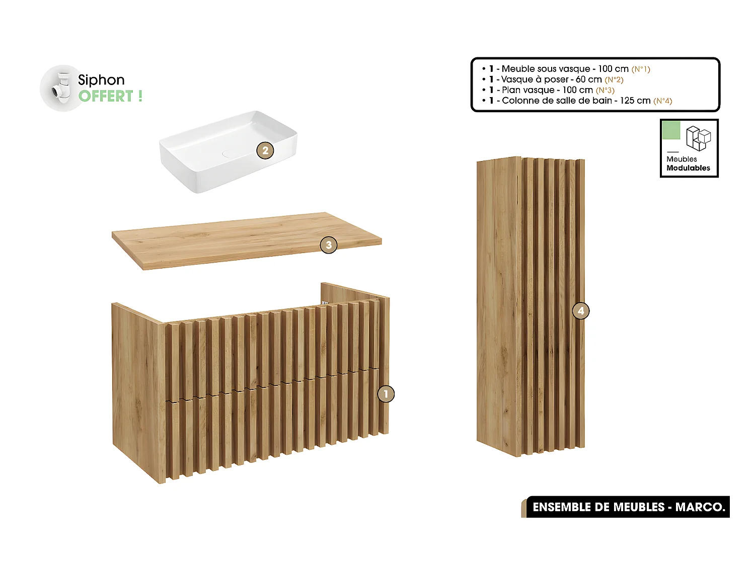 Ensemble complet de salle de bain - Meuble - Colonne - Vasque à poser avec Siphon OFFERT | MARCO | Oak | 100 x 56 x 45 cm