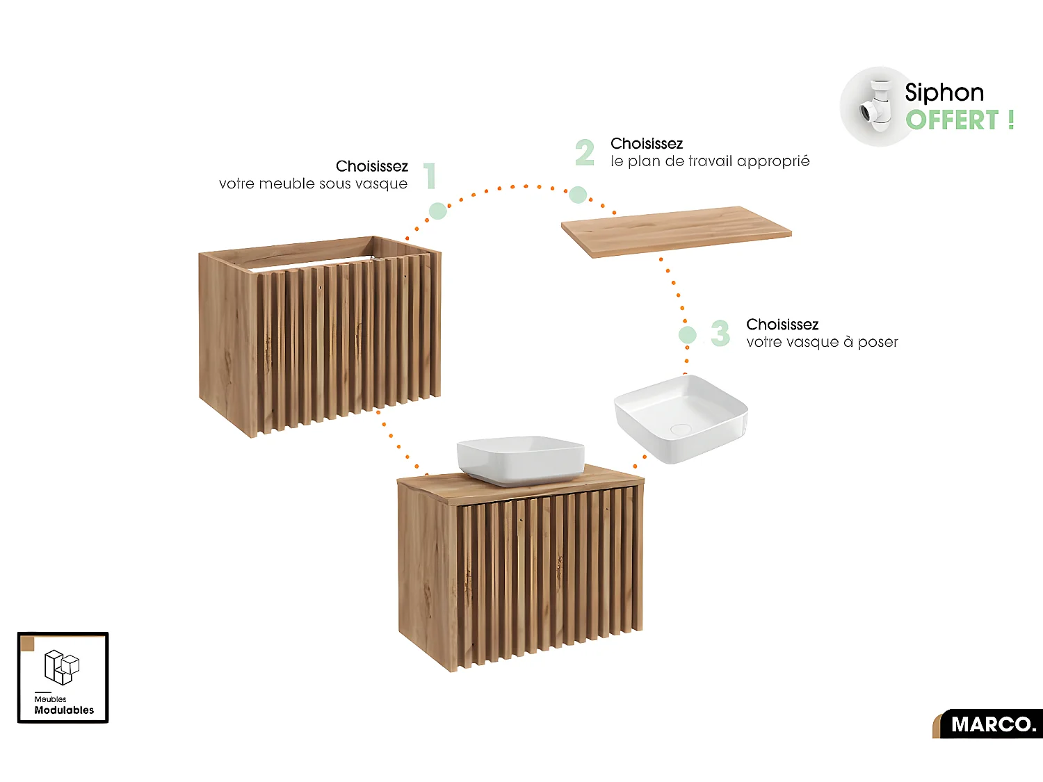 Ensemble complet de salle de bain - Meuble - Colonne - Vasque à poser avec Siphon OFFERT | MARCO | Oak | 100 x 56 x 45 cm