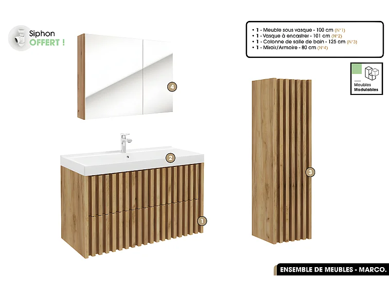 Ensemble complet de salle de bain - Meuble - Colonne - Miroir - Vasque à encastrer avec Siphon OFFERT | MARCO | Oak | 100 x 56 x 45 cm