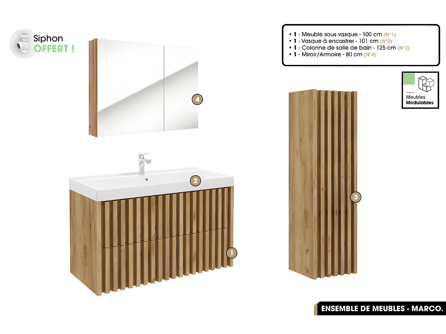 Ensemble complet de salle de bain - Meuble - Colonne - Miroir - Vasque à encastrer avec Siphon OFFERT | MARCO | Oak | 100 x 56 x 45 cm