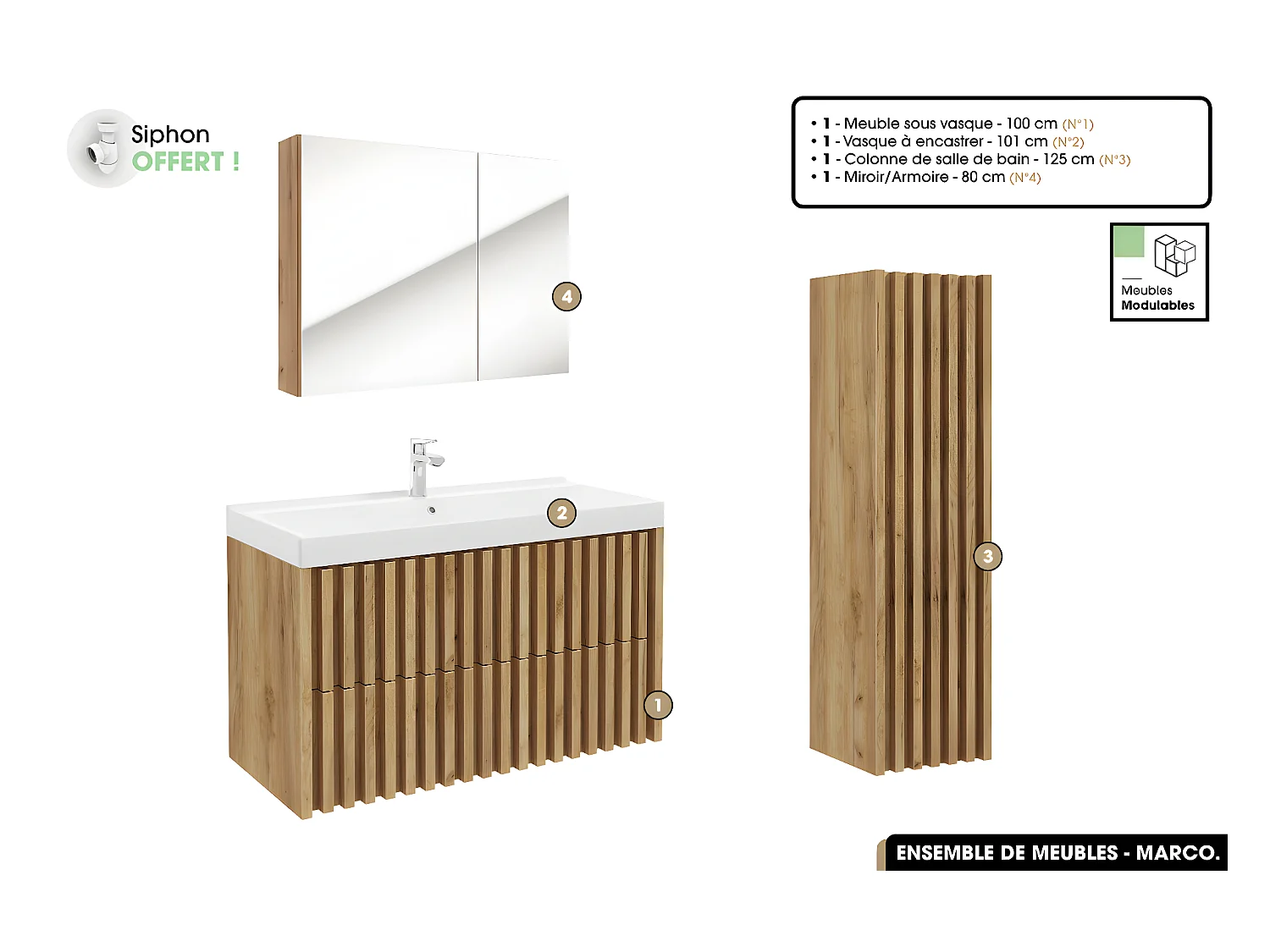 Ensemble complet de salle de bain - Meuble - Colonne - Miroir - Vasque à encastrer avec Siphon OFFERT | MARCO | Oak | 100 x 56 x 45 cm