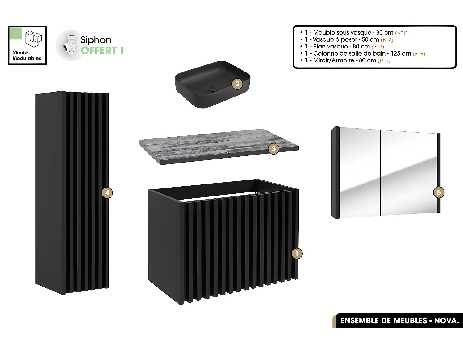 Ensemble complet de salle de bain - Meuble - Colonne - Miroir - Vasque à poser avec Siphon OFFERT | NOVA | Noir | 80 x 56 x 45 cm