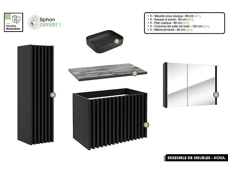 Ensemble complet de salle de bain - Meuble - Colonne - Miroir - Vasque à poser avec Siphon OFFERT | NOVA | Noir | 80 x 56 x 45 cm