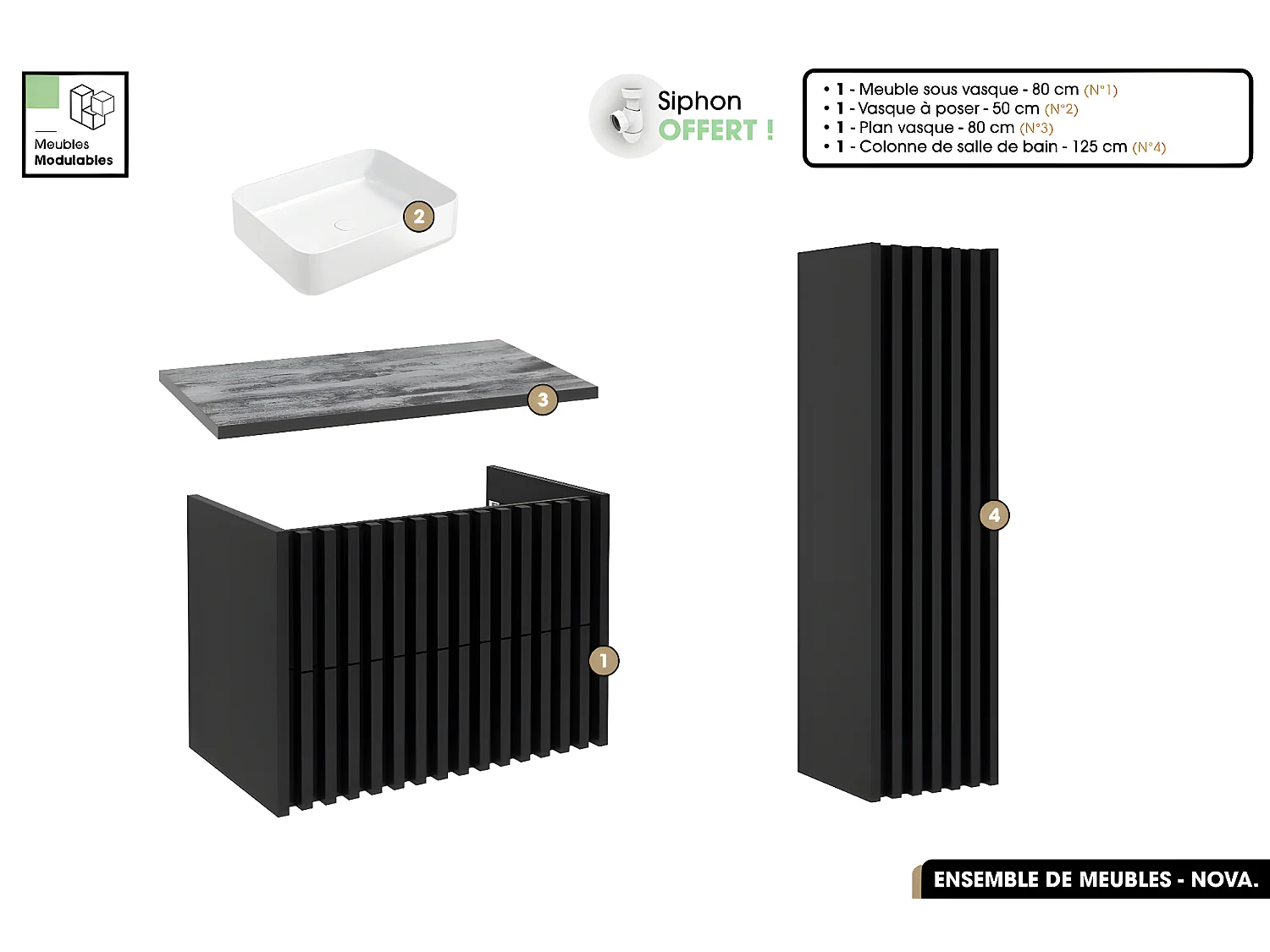 Ensemble complet de salle de bain - Meuble - Colonne - Vasque à poser avec Siphon OFFERT | NOVA | Noir | 80 x 56 x 45 cm