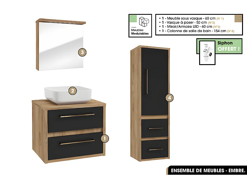 Ensemble complet - de salle de bain - Meuble - Miroir/Armoire - Colonne - Vasque avec Siphon OFFERT | EMBRE | Noir | 60 x 50 x 45 cm