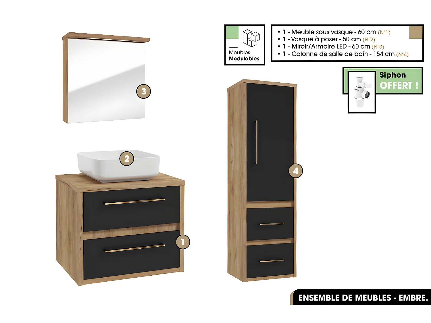 Ensemble complet - de salle de bain - Meuble - Miroir/Armoire - Colonne - Vasque avec Siphon OFFERT | EMBRE | Noir | 60 x 50 x 45 cm