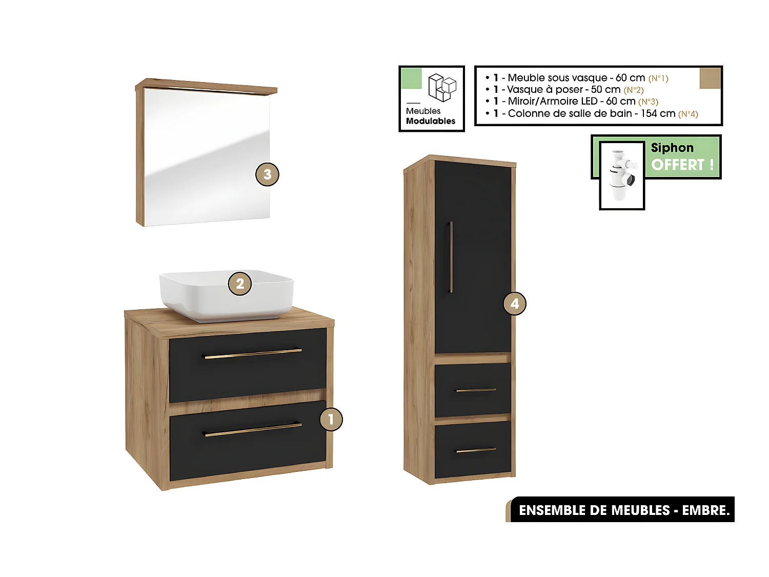 Ensemble complet - de salle de bain - Meuble - Miroir/Armoire - Colonne - Vasque avec Siphon OFFERT | EMBRE | Noir | 60 x 50 x 45 cm