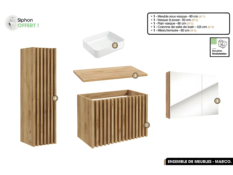 Ensemble complet de salle de bain - Meuble - Colonne - Miroir - Vasque à poser avec Siphon OFFERT | MARCO | Oak | 80 x 56 x 45 cm