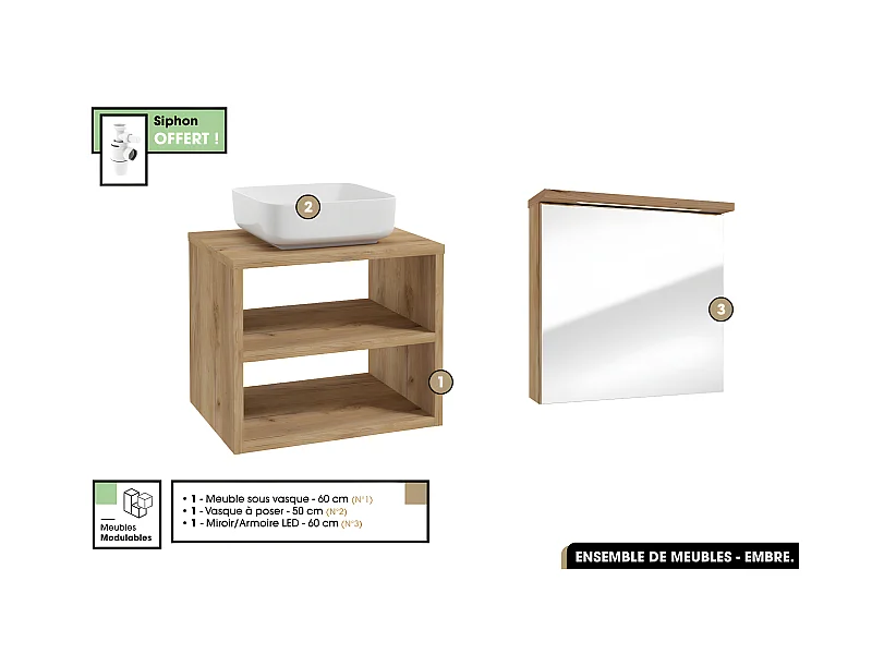 Ensemble complet - de salle de bain - Meuble - Miroir/Armoire LED - Vasque avec Siphon OFFERT | EMBRE | OAK | 60 x 50 x 45 cm