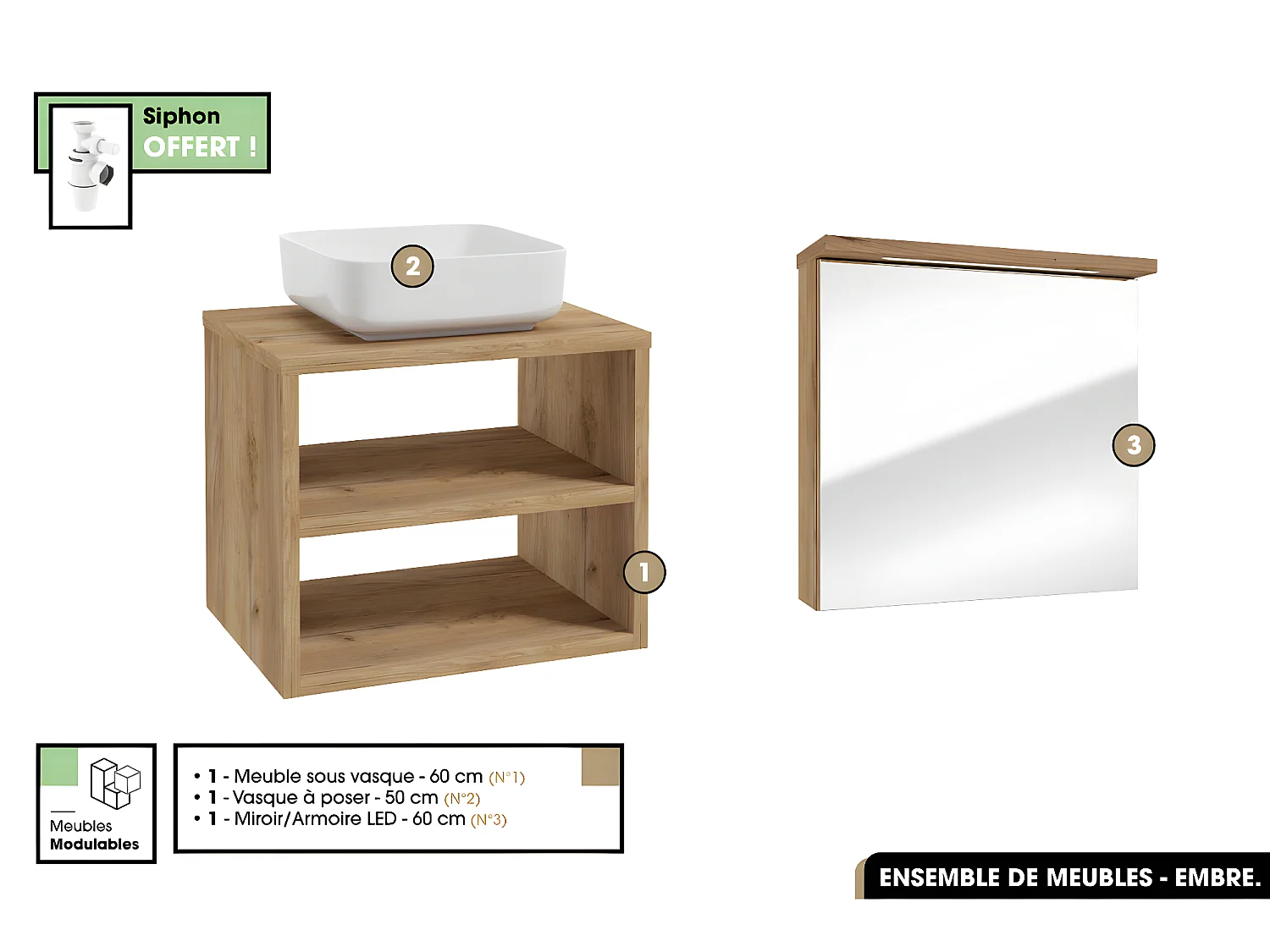 Ensemble complet - de salle de bain - Meuble - Miroir/Armoire LED - Vasque avec Siphon OFFERT | EMBRE | OAK | 60 x 50 x 45 cm