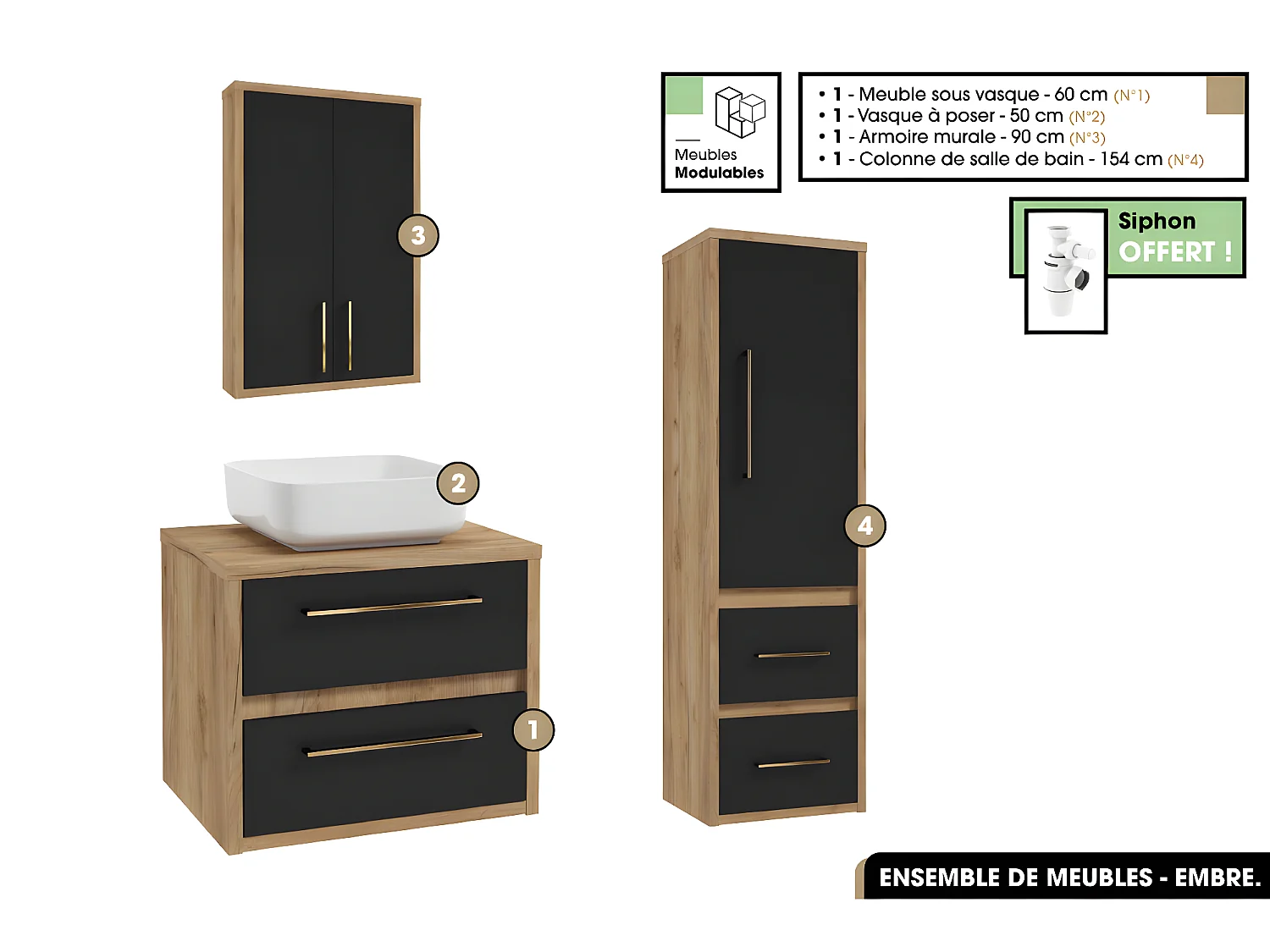 Ensemble complet - de salle de bain - Meuble - Armoire - Colonne - Vasque avec Siphon OFFERT | EMBRE | Noir | 60 x 50 x 45 cm