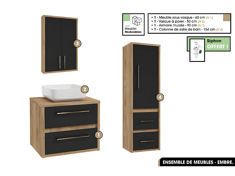 Ensemble complet - de salle de bain - Meuble - Armoire - Colonne - Vasque avec Siphon OFFERT | EMBRE | Noir | 60 x 50 x 45 cm