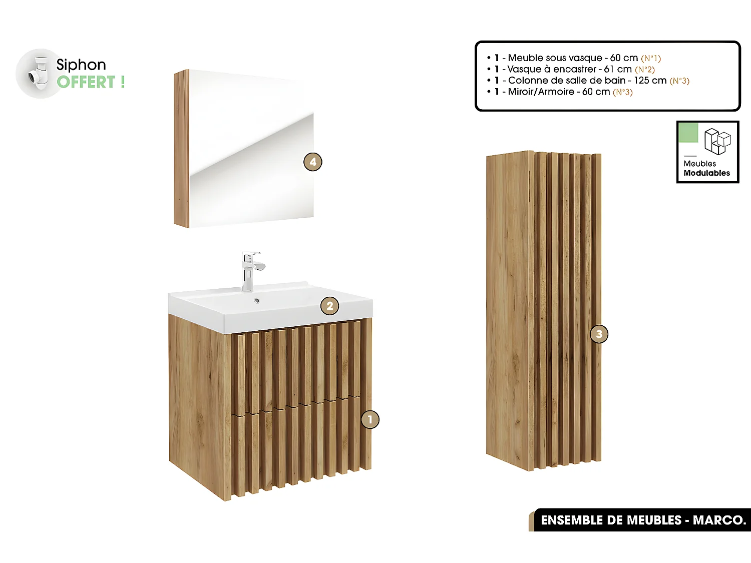 Ensemble complet de salle de bain - Meuble - Colonne - Miroir - Vasque à encastrer avec Siphon OFFERT | MARCO | Oak | 60 x 56 x 45 cm