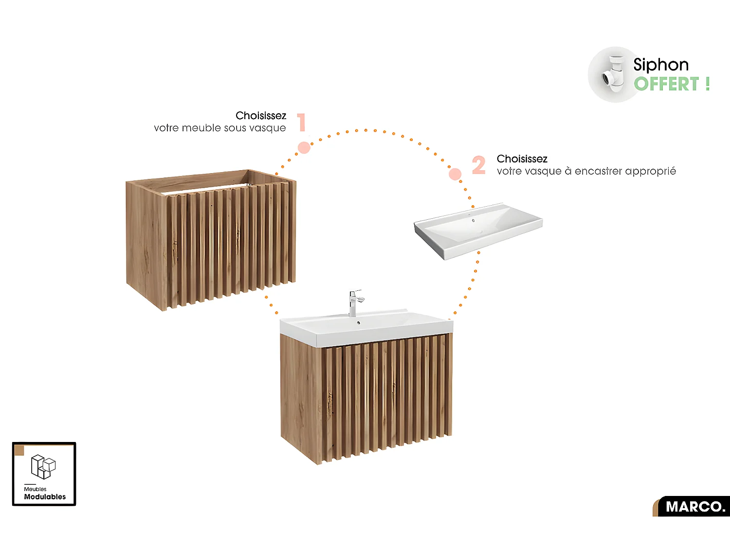 Ensemble complet de salle de bain - Meuble - Colonne - Miroir - Vasque à encastrer avec Siphon OFFERT | MARCO | Oak | 60 x 56 x 45 cm