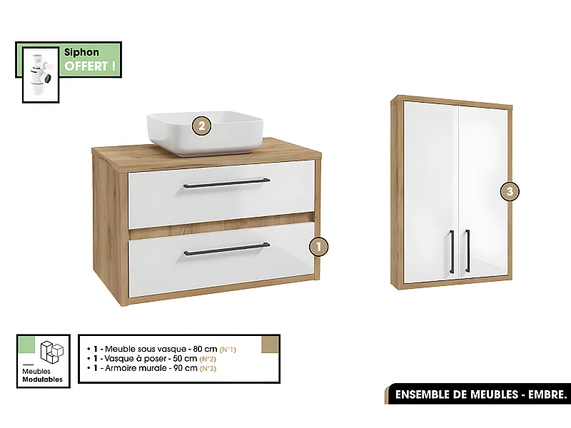 Ensemble complet - de salle de bain - Meuble - Armoire - Vasque avec Siphon OFFERT | EMBRE | Blanc | 80 x 50 x 45 cm